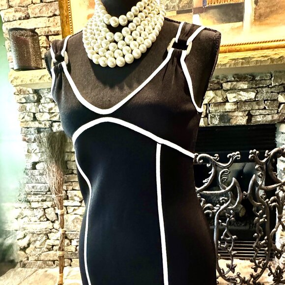 Lovely BCBG sleeveless Black tailored Dress with 2 vertical stripes, Size Small - Picture 3 of 9